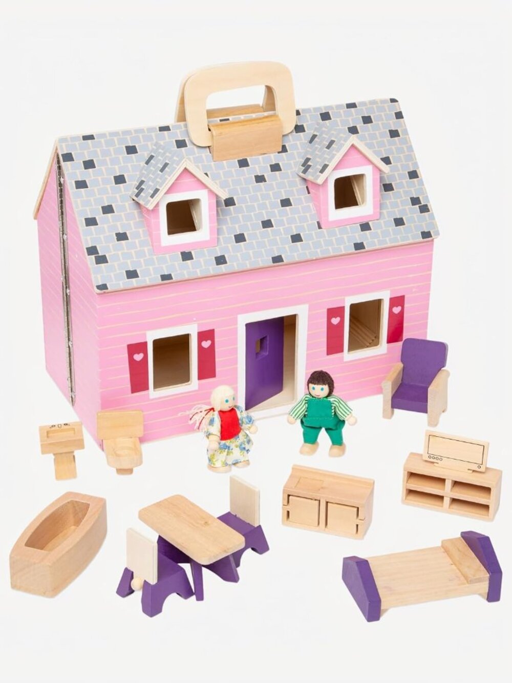 Fold & Go Wooden Dollhouse with 2 Dolls and 11 Pieces of Furniture - Portable Mi